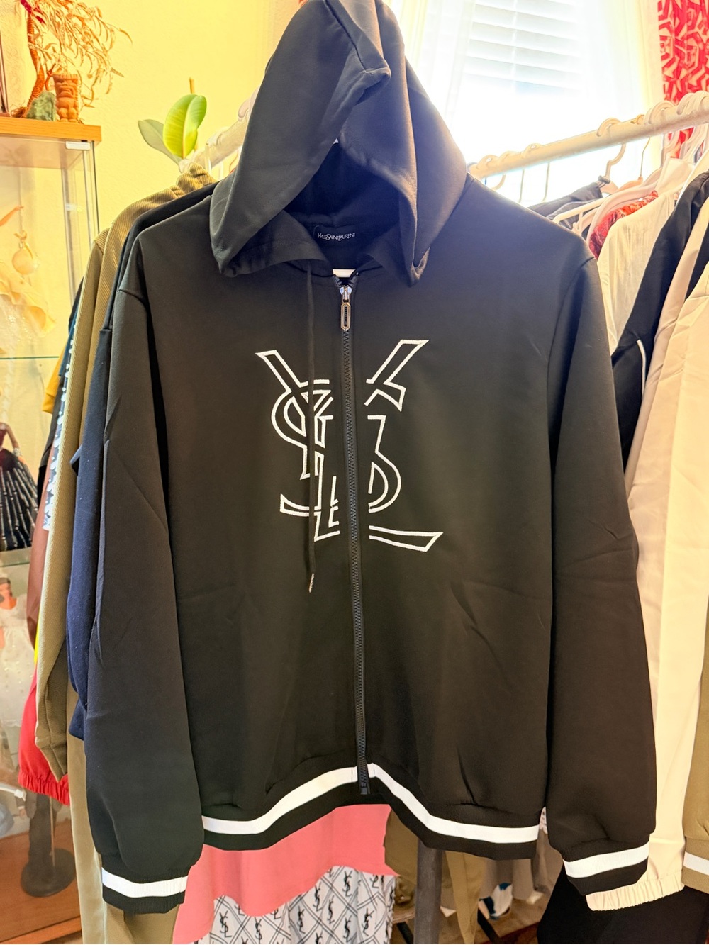 Black Zip-Up Hoodie with White Logo. Fits Medium to XL. Bangkok quality.